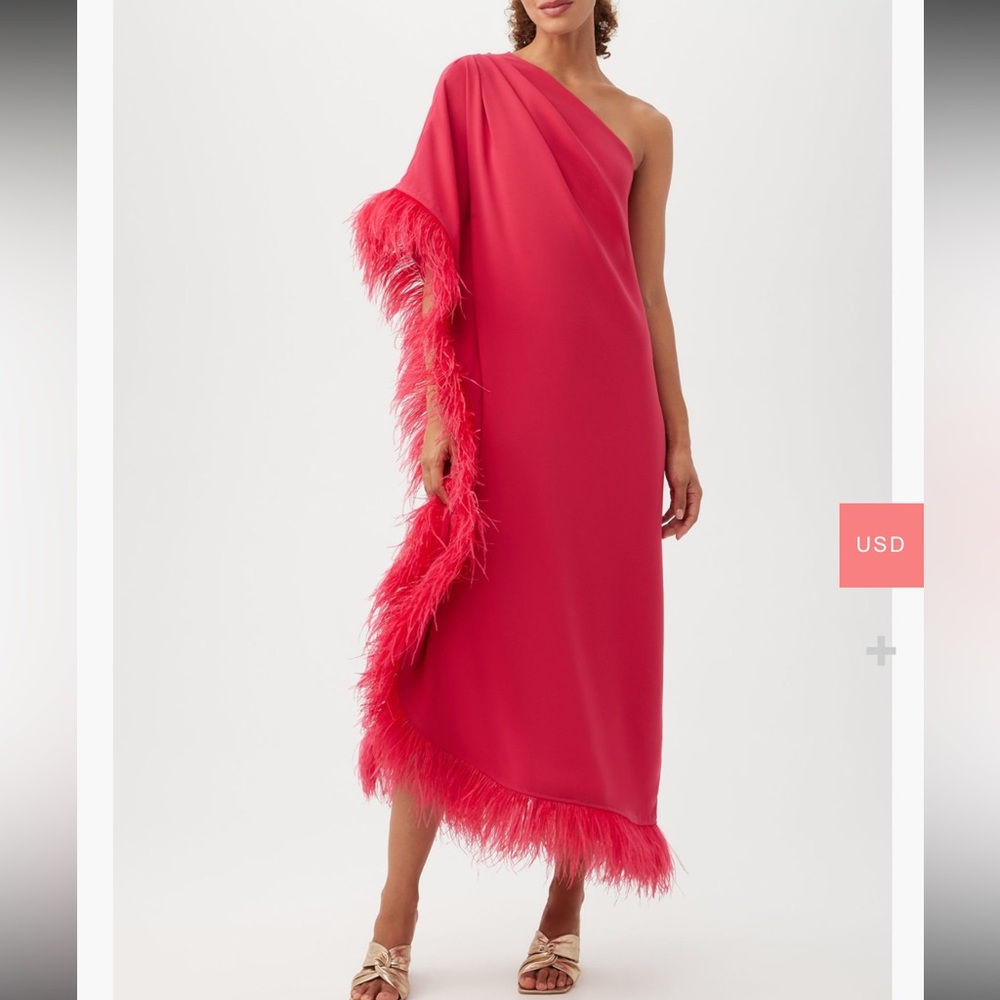 Trina Turk Largo One-Shoulder Feather Trim Caftan Maxi Dress